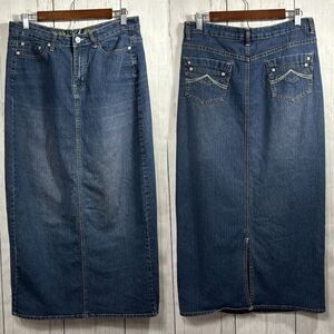 Vintage No Fuze Denim Maxi Skirt Western Turquoise Button Y2K Modest Boho Retro